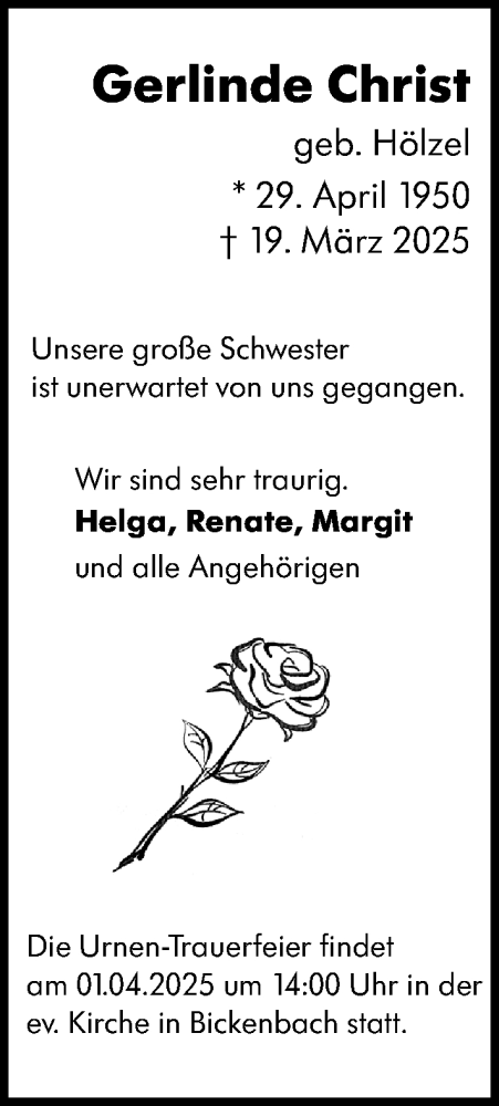 Traueranzeige von Gerlinde Christ von Darmstädter Echo