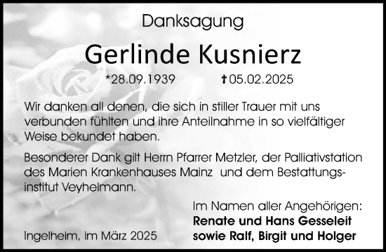 Traueranzeige von Gerlinde Kusnierz von Allgemeine Zeitung Rheinhessen-Nahe