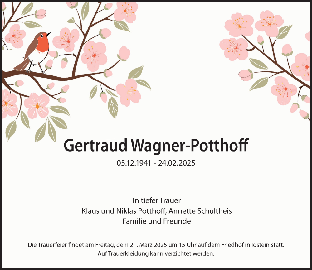  Traueranzeige für Gertraud Wagner-Potthoff vom 08.03.2025 aus Idsteiner Land/Untertaunus