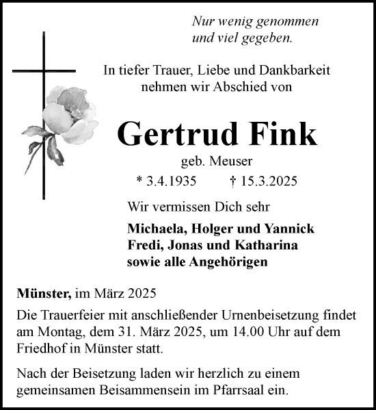 Traueranzeige von Gertrud Fink von Camberger Anzeiger