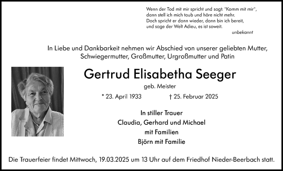 Traueranzeige von Gertrud Elisabetha Seeger von Darmstädter Echo