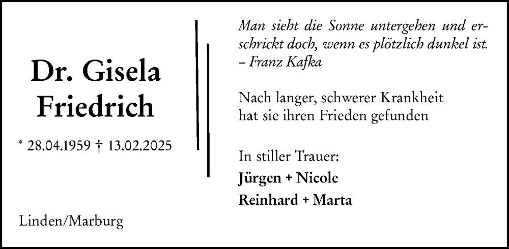  Traueranzeige für Gisela Friedrich vom 08.03.2025 aus Wetzlarer Neue Zeitung