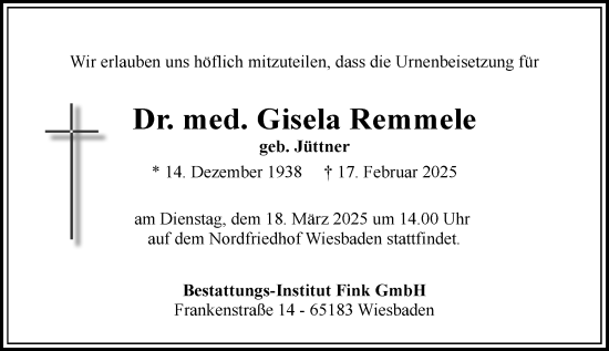 Traueranzeige von Gisela Remmele von Wiesbadener Kurier