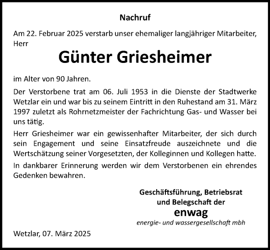 Traueranzeige von Günter Griesheimer von Wetzlarer Neue Zeitung