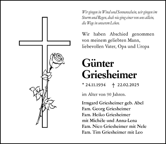 Traueranzeige von Günter Griesheimer von Wetzlarer Neue Zeitung