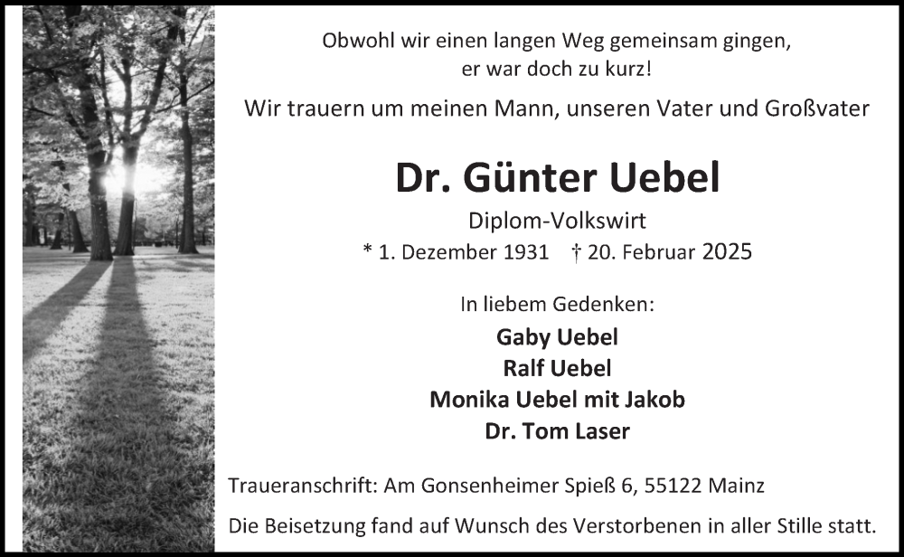  Traueranzeige für Günter Uebel vom 08.03.2025 aus Allgemeine Zeitung Mainz