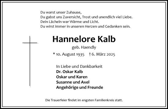 Traueranzeige von Hannelore Kalb von Wiesbadener Kurier