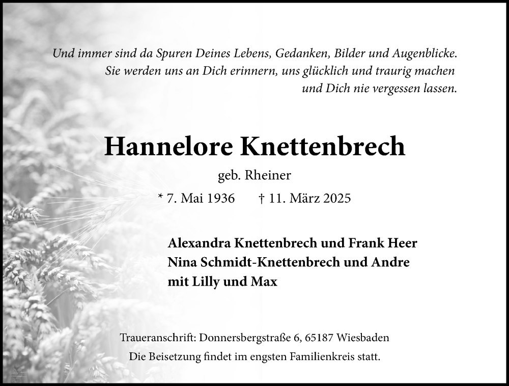  Traueranzeige für Hannelore Knettenbrech vom 15.03.2025 aus Wiesbadener Kurier