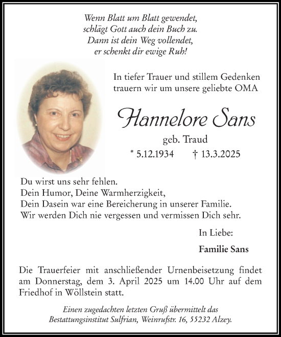 Traueranzeige von Hannelore Sans von Allgemeine Zeitung Alzey