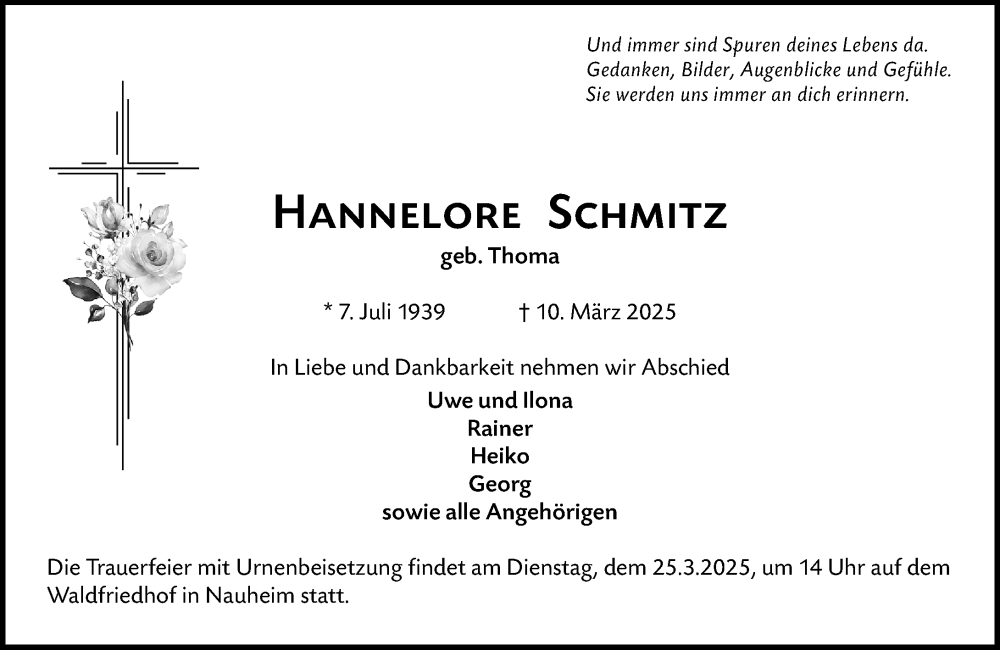  Traueranzeige für Hannelore Schmitz vom 20.03.2025 aus Rüsselsheimer Echo