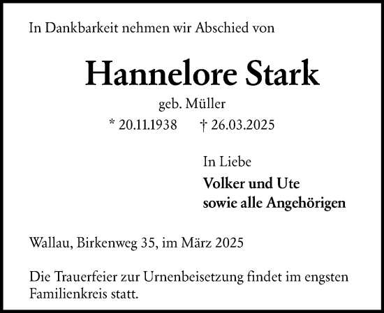 Traueranzeige von Hannelore Stark von Hinterländer Anzeiger