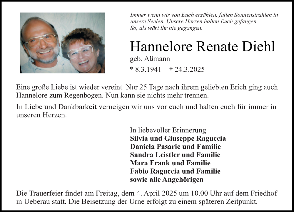  Traueranzeige für Hannelore Renate Diehl vom 29.03.2025 aus Darmstädter Echo