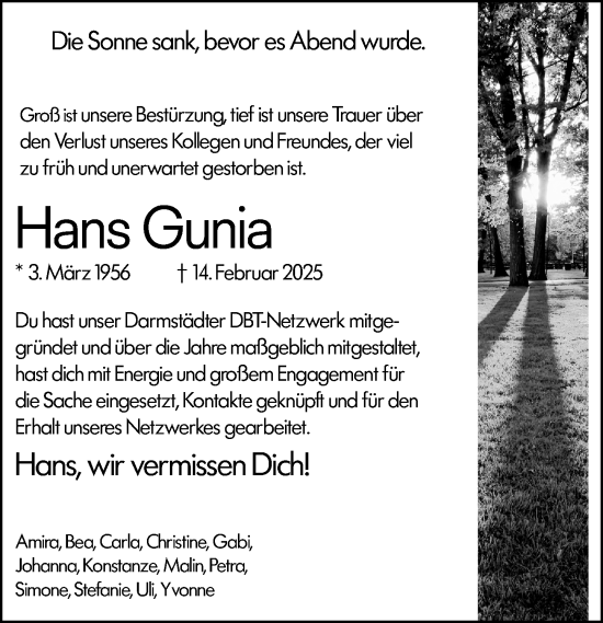 Traueranzeige von Hans Gunia von Darmstädter Echo