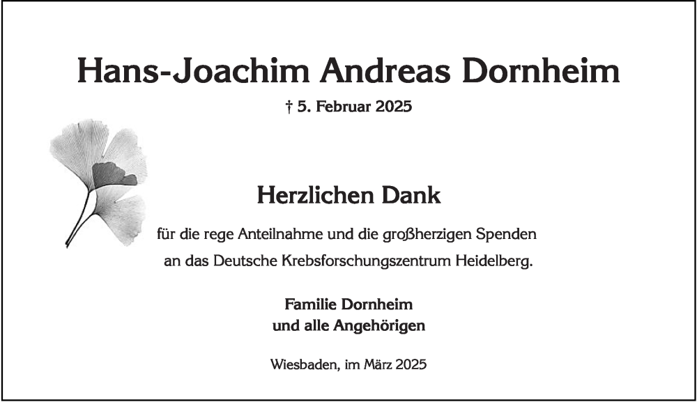  Traueranzeige für Hans-Joachim Dornheim vom 15.03.2025 aus Wiesbadener Kurier