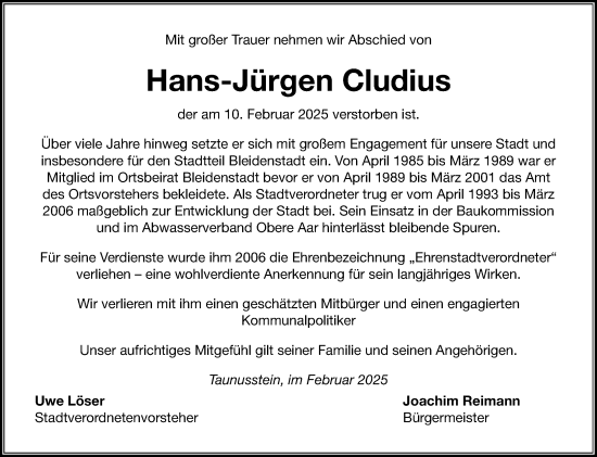 Traueranzeige von Hans-Jürgen Cludius von Idsteiner Land/Untertaunus