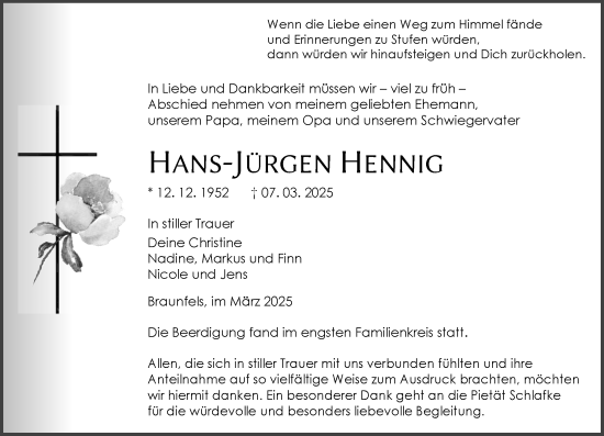 Traueranzeige von Hans-Jürgen Hennig von Wetzlarer Neue Zeitung