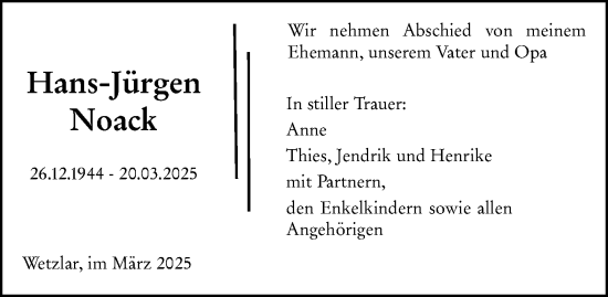 Traueranzeige von Hans-Jürgen Noack von Wetzlarer Neue Zeitung