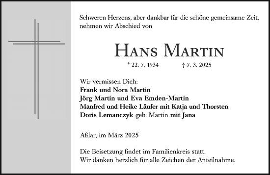Traueranzeige von Hans Martin von Wetzlarer Neue Zeitung