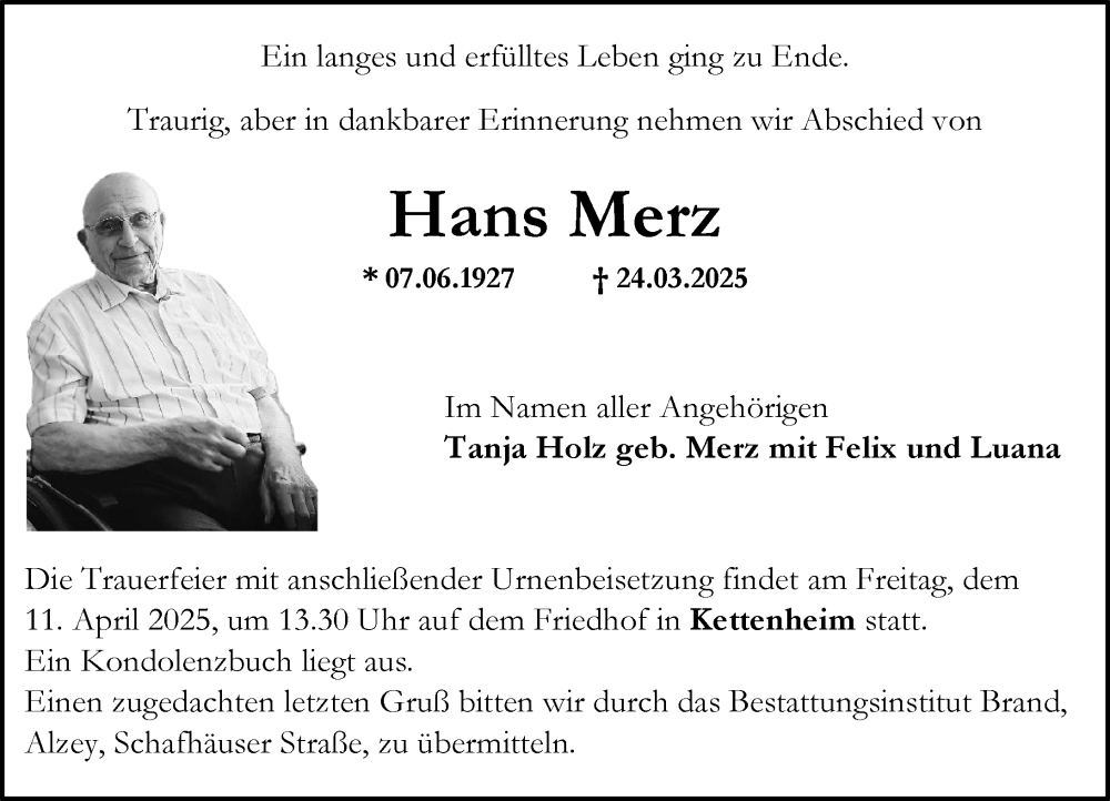  Traueranzeige für Hans Merz vom 29.03.2025 aus Allgemeine Zeitung Alzey