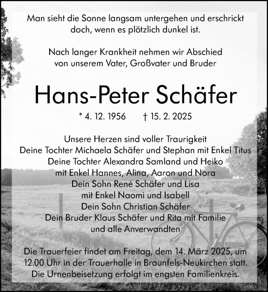 Traueranzeige von Hans-Peter Schäfer von Wetzlarer Neue Zeitung
