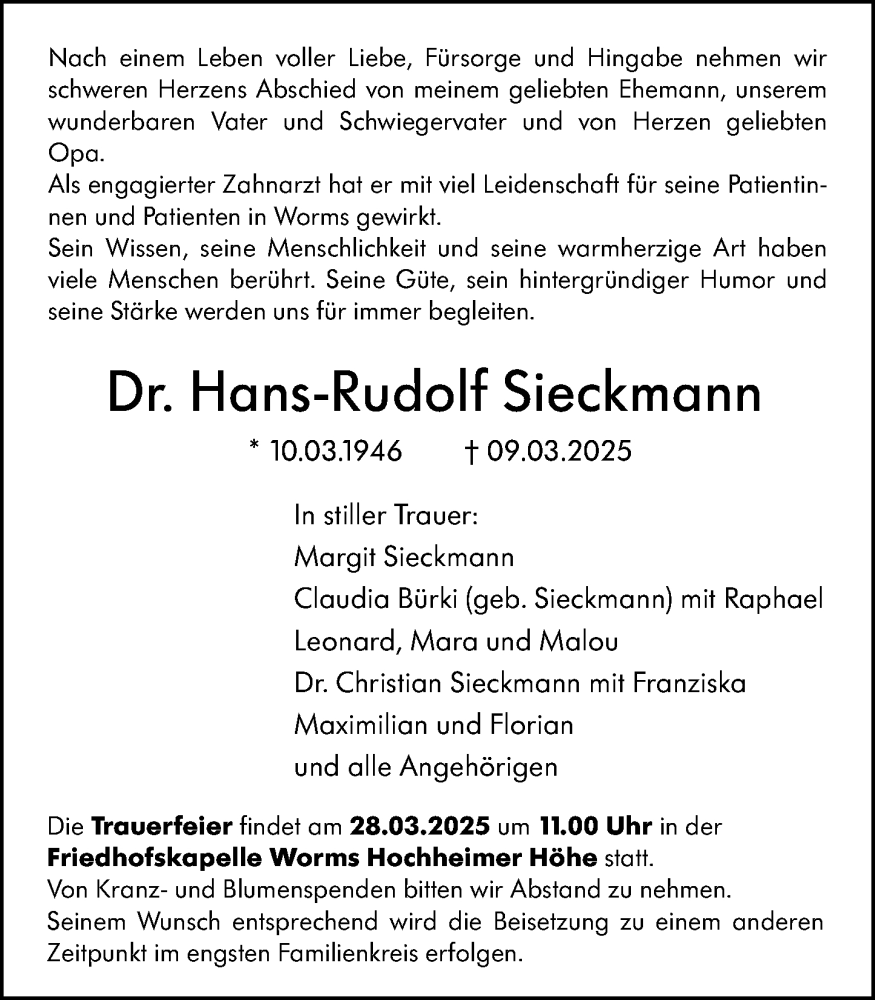  Traueranzeige für Hans-Rudolf Sieckmann vom 22.03.2025 aus Wormser Zeitung