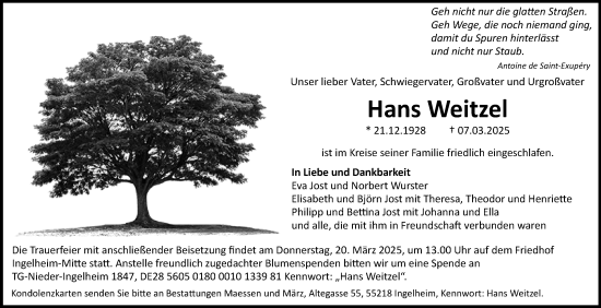 Traueranzeige von Hans Weitzel von Allgemeine Zeitung Rheinhessen-Nahe
