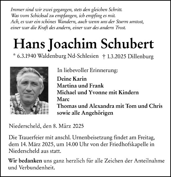 Traueranzeige von Hans Joachim Schubert von Dill Block