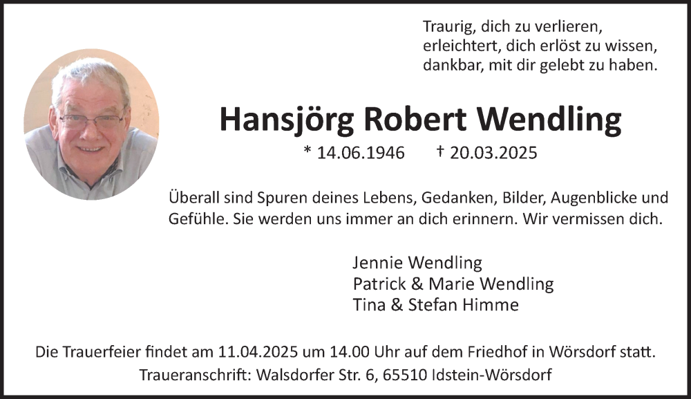  Traueranzeige für Hansjörg Robert Wendling vom 29.03.2025 aus Idsteiner Land/Untertaunus