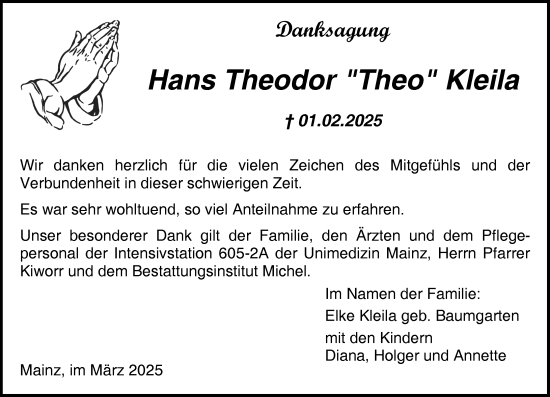 Traueranzeige von Hans Theodor Kleila von Allgemeine Zeitung Mainz
