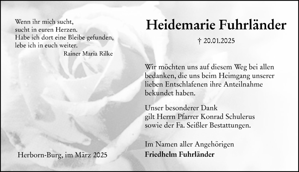  Traueranzeige für Heidemarie Fuhrländer vom 29.03.2025 aus Dill Block