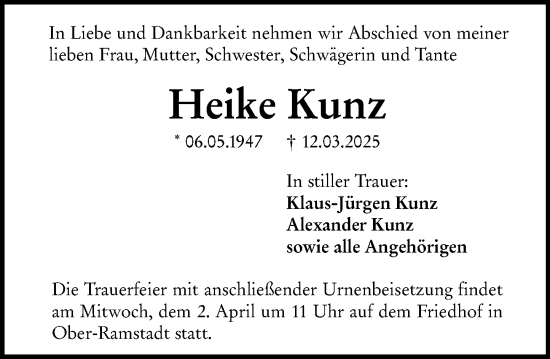 Traueranzeige von Heike Kunz von Darmstädter Echo