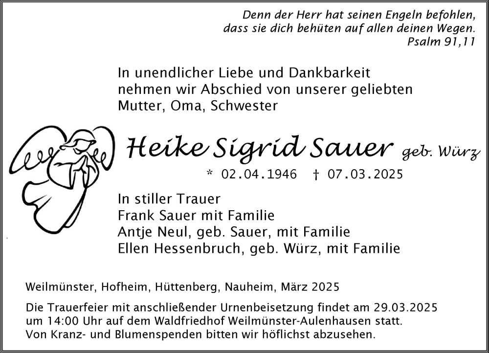  Traueranzeige für Heike Sigrid Sauer vom 22.03.2025 aus Weilburger Tageblatt
