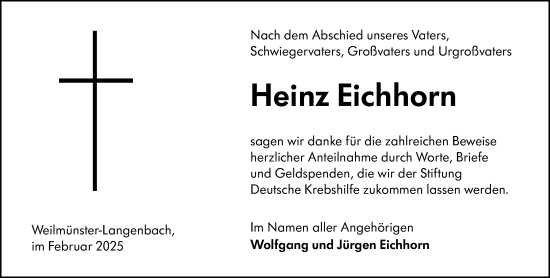 Traueranzeige von Heinz Eichhorn von Weilburger Tageblatt