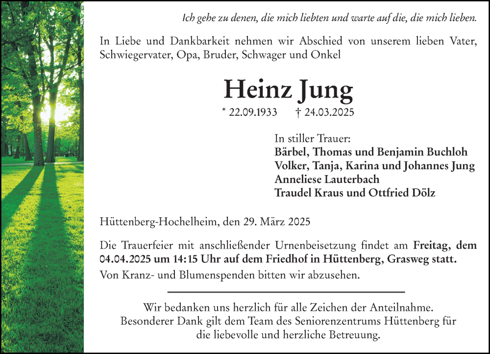  Traueranzeige für Heinz Jung vom 29.03.2025 aus Wetzlarer Neue Zeitung