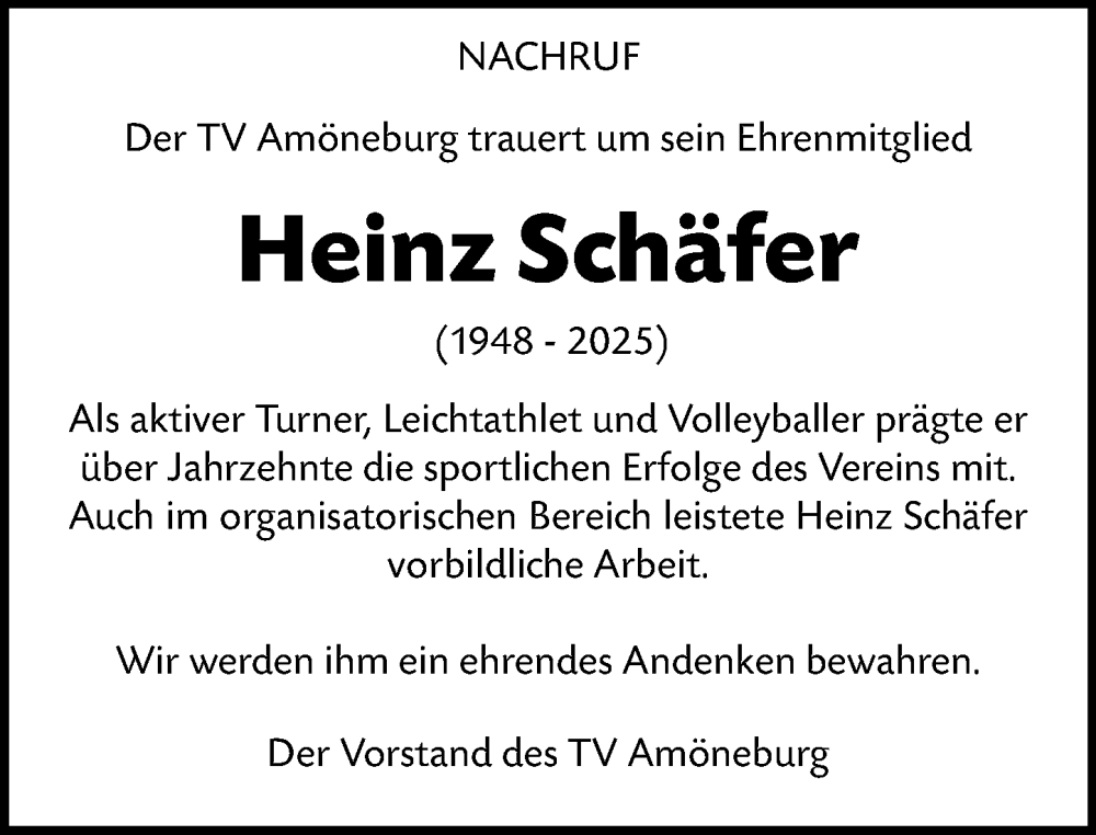  Traueranzeige für Heinz Schäfer vom 22.03.2025 aus Wiesbadener Kurier