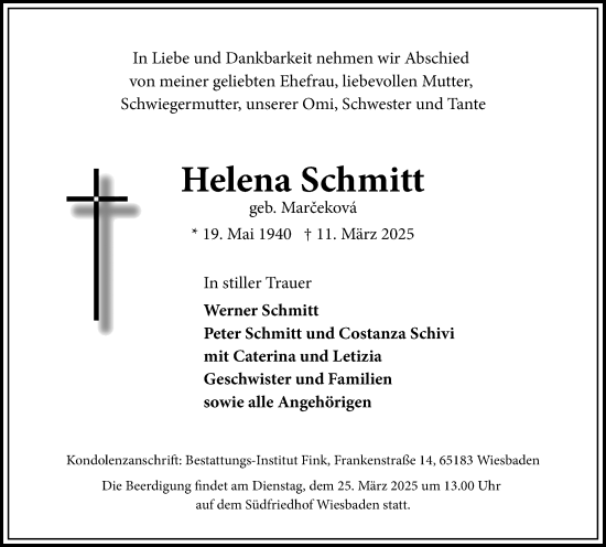 Traueranzeige von Helena Schmitt von Wiesbadener Kurier