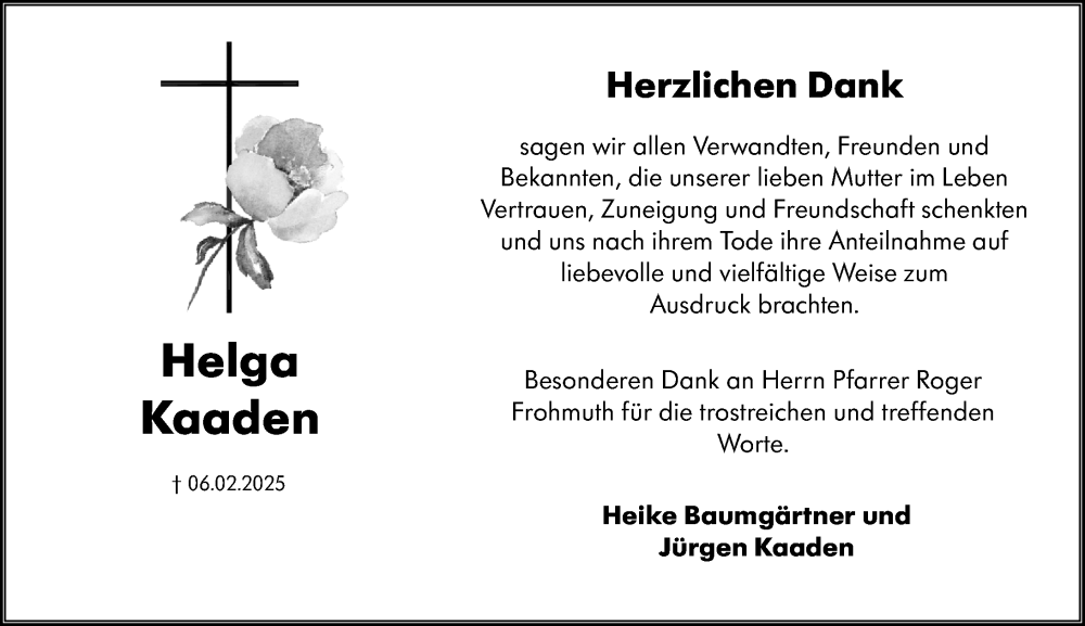  Traueranzeige für Helga Kaaden vom 29.03.2025 aus Odenwälder Echo