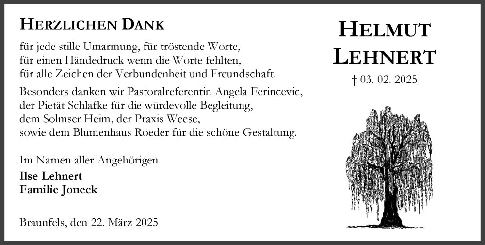  Traueranzeige für Helmut Lehnert vom 22.03.2025 aus Wetzlarer Neue Zeitung