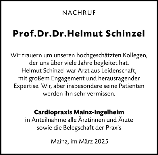 Traueranzeige von Helmut Schinzel von Allgemeine Zeitung Mainz