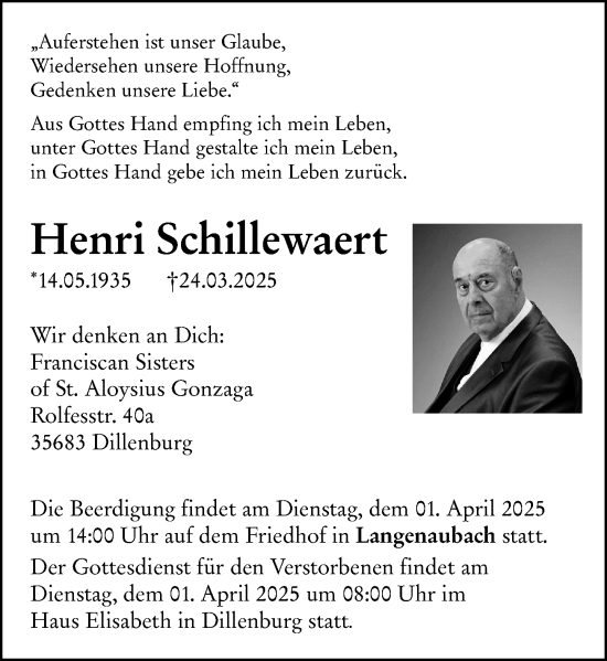 Traueranzeige von Henri Schillewaert von Dill Block