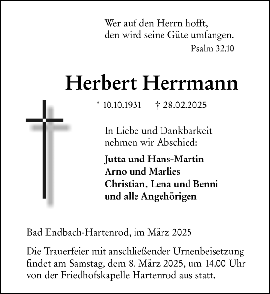 Traueranzeige von Herbert Herrmann von Hinterländer Anzeiger