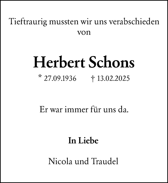 Traueranzeige von Herbert Schons von Allgemeine Zeitung Mainz