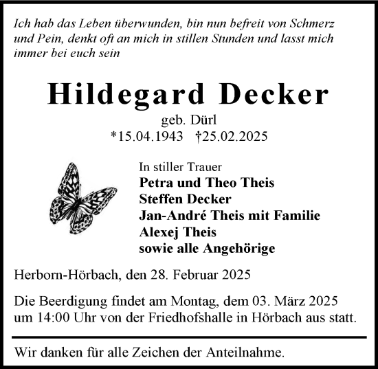 Traueranzeige von Hildegard Decker von Dill Block