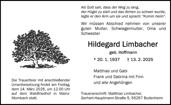 Traueranzeige von Hildegard Limbacher von Allgemeine Zeitung Mainz
