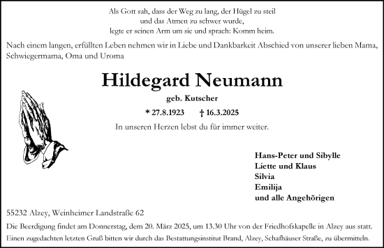 Traueranzeige von Hildegard Neumann von Allgemeine Zeitung Alzey