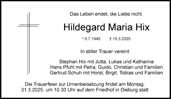 Traueranzeige von Hildegard Maria Hix von Dieburger Anzeiger/Groß-Zimmerner Lokal-Anzeiger