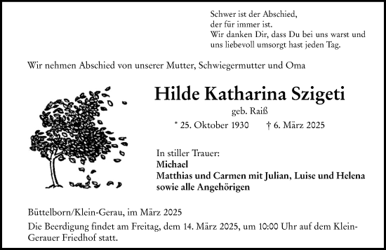 Traueranzeige von Hilde Katharina Szigeti von Groß-Gerauer Echo