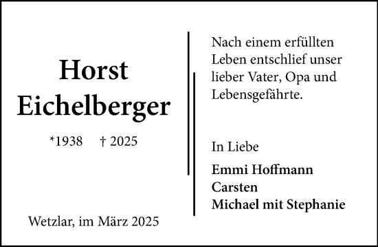 Traueranzeige von Horst Eichelberger von Wetzlarer Neue Zeitung