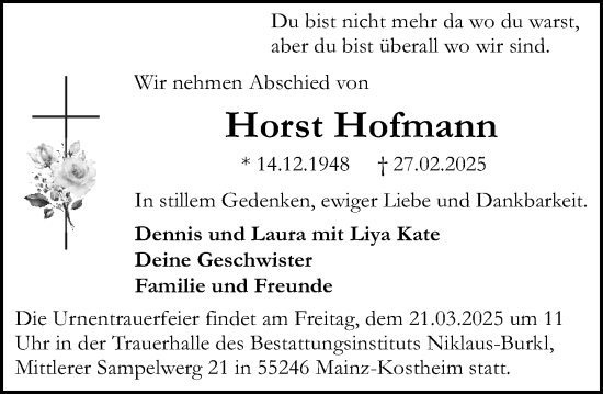 Traueranzeige von Horst Hofmann von Allgemeine Zeitung Mainz