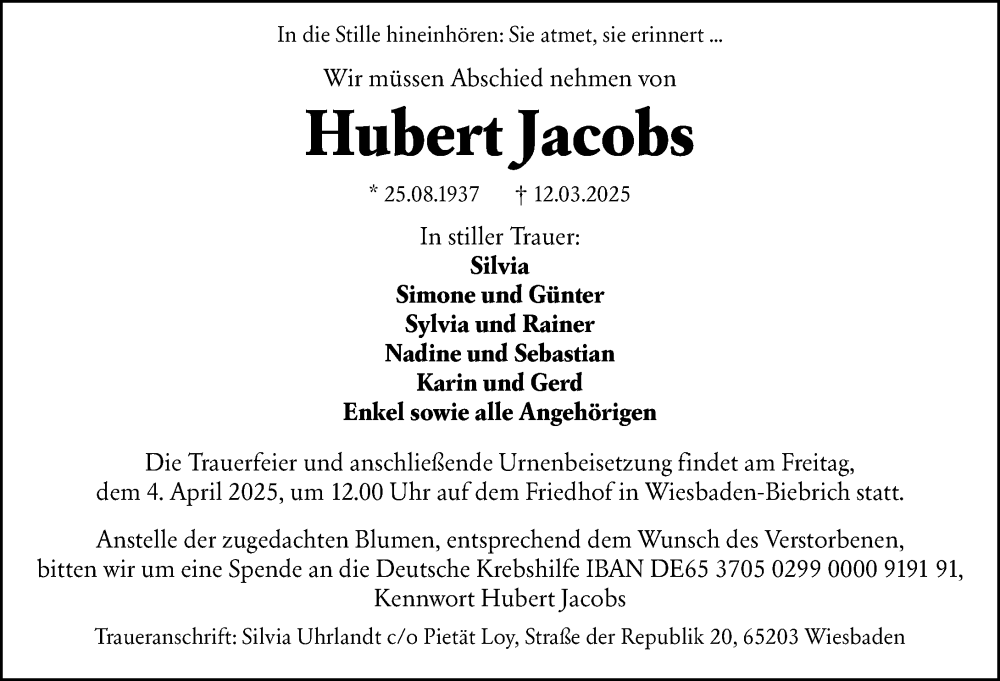  Traueranzeige für Hubert Jacobs vom 22.03.2025 aus Wiesbadener Kurier